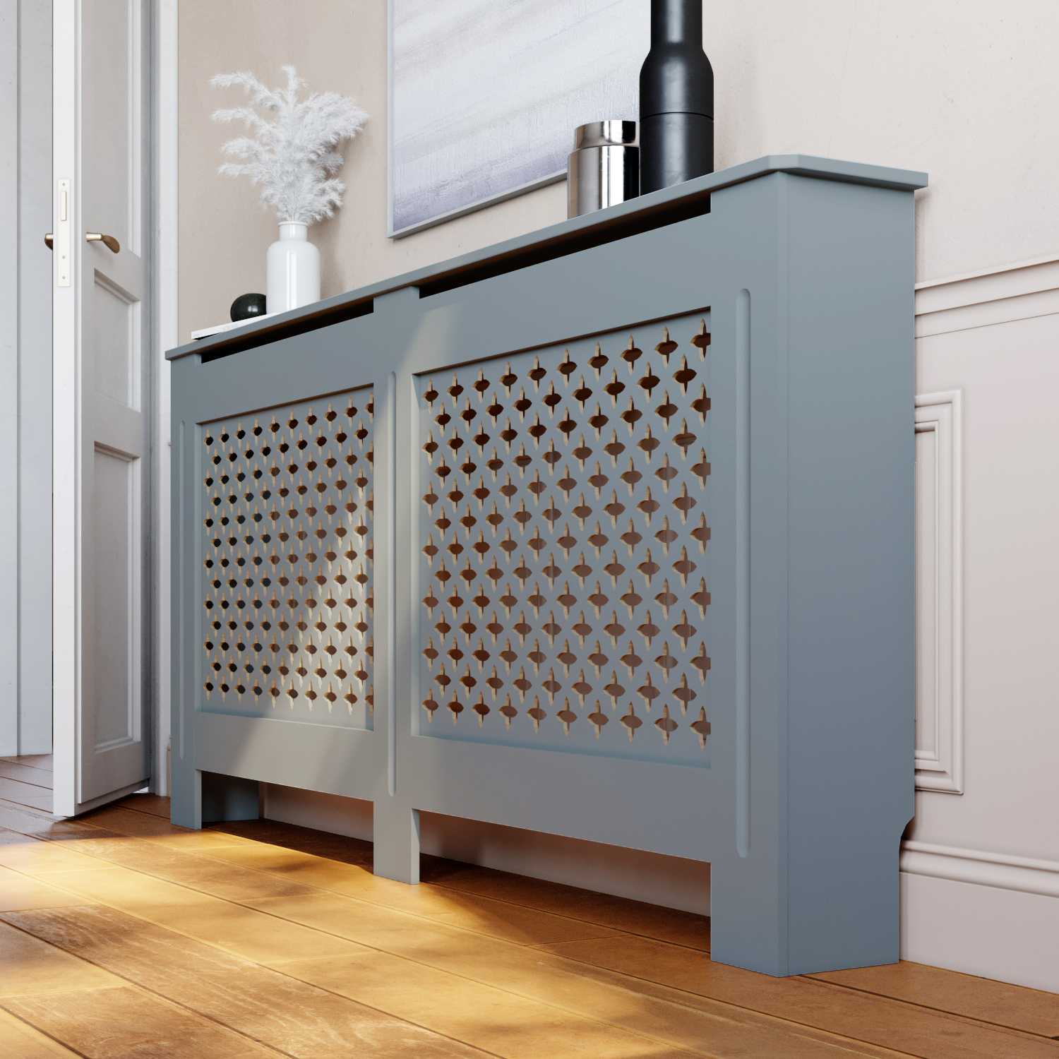 Extra Large Radiator Cover Modern Grey Painted Cross Grill Wood Wall